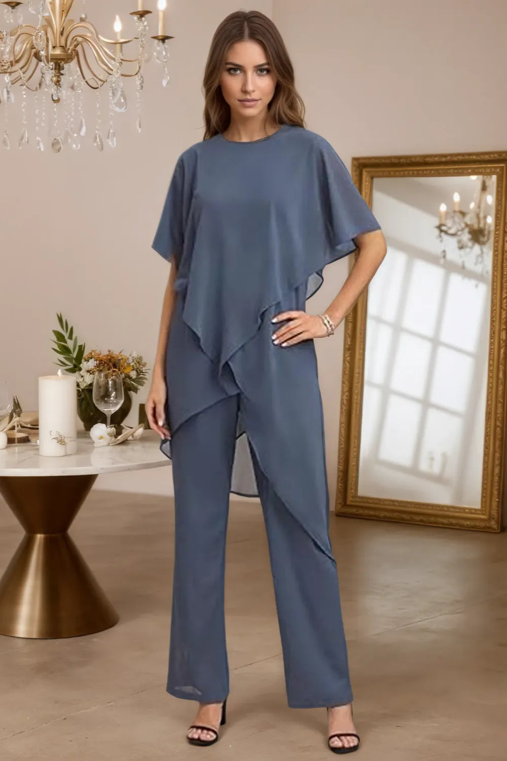 Valora | Completo Elegante Fluido In Chiffon Con Pantaloni