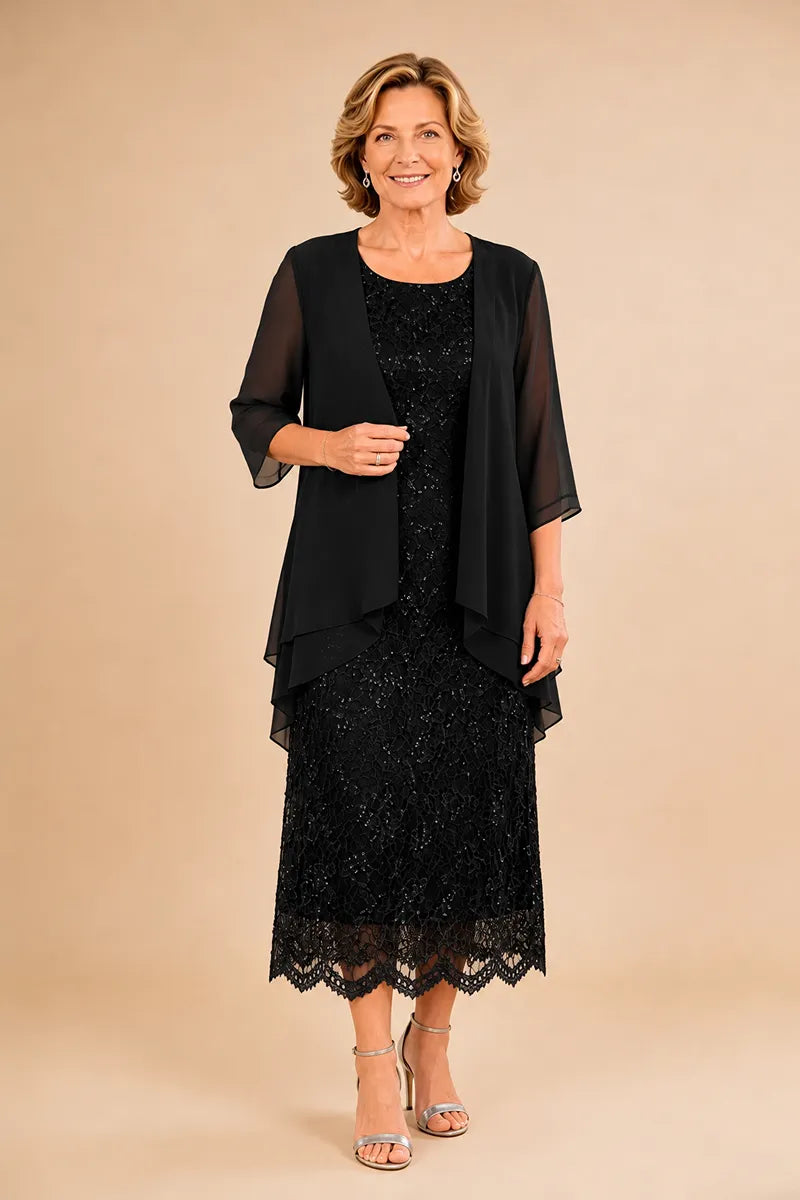 Raffinato Abito Midi Elegante In Pizzo Con Coprispalle Trasparente In Chiffon