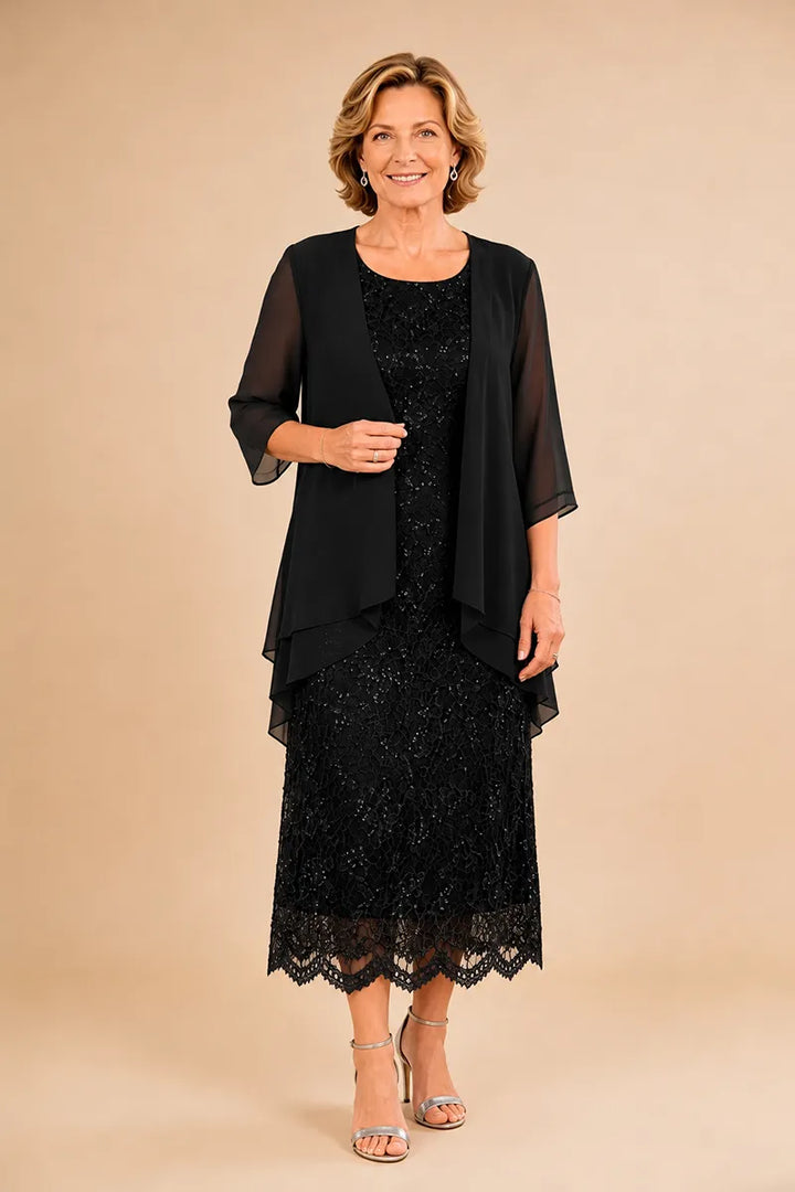 Raffinato Abito Midi Elegante In Pizzo Con Coprispalle Trasparente In Chiffon