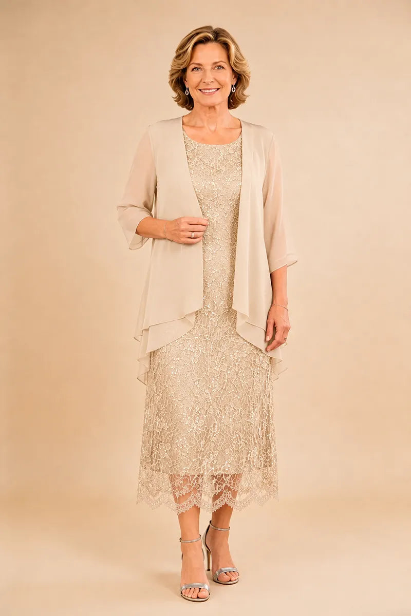 Raffinato Abito Midi Elegante In Pizzo Con Coprispalle Trasparente In Chiffon
