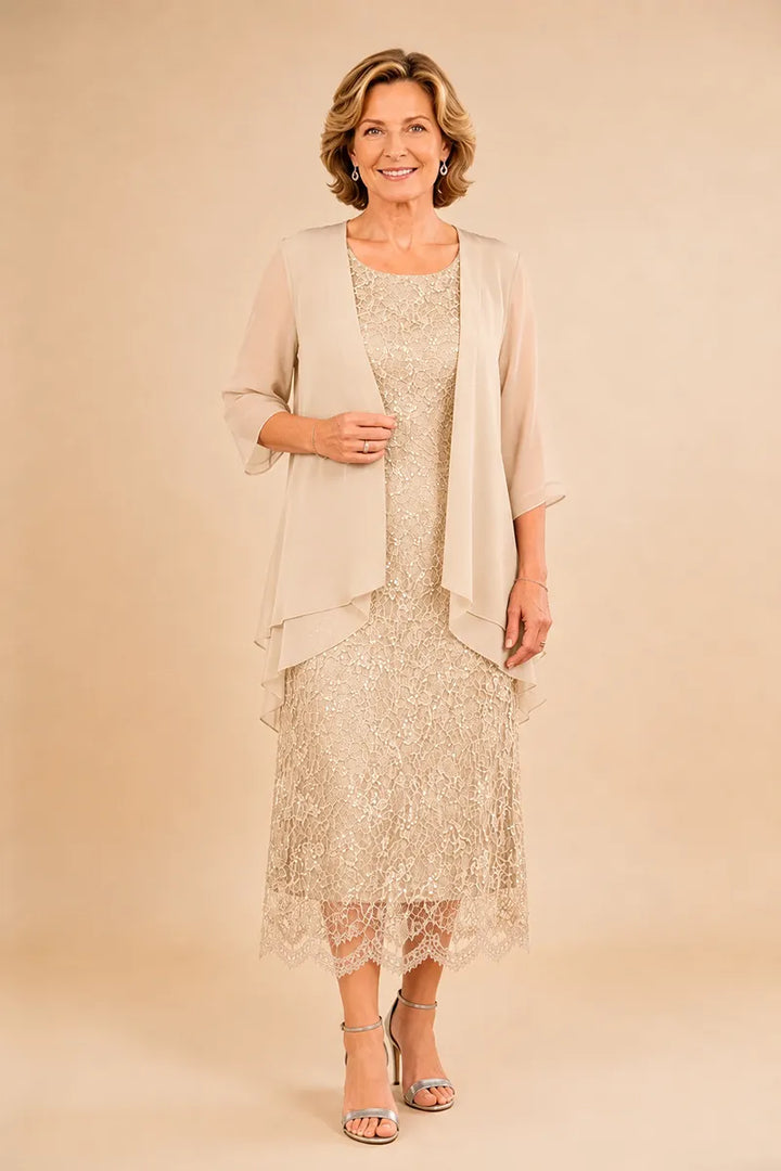 Raffinato Abito Midi Elegante In Pizzo Con Coprispalle Trasparente In Chiffon