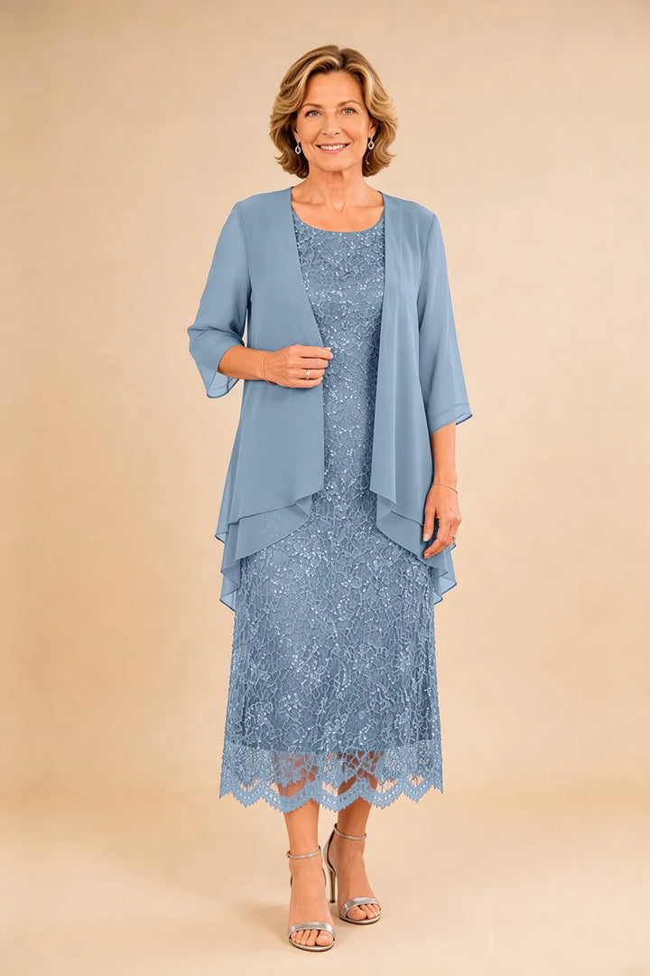 Raffinato Abito Midi Elegante In Pizzo Con Coprispalle Trasparente In Chiffon