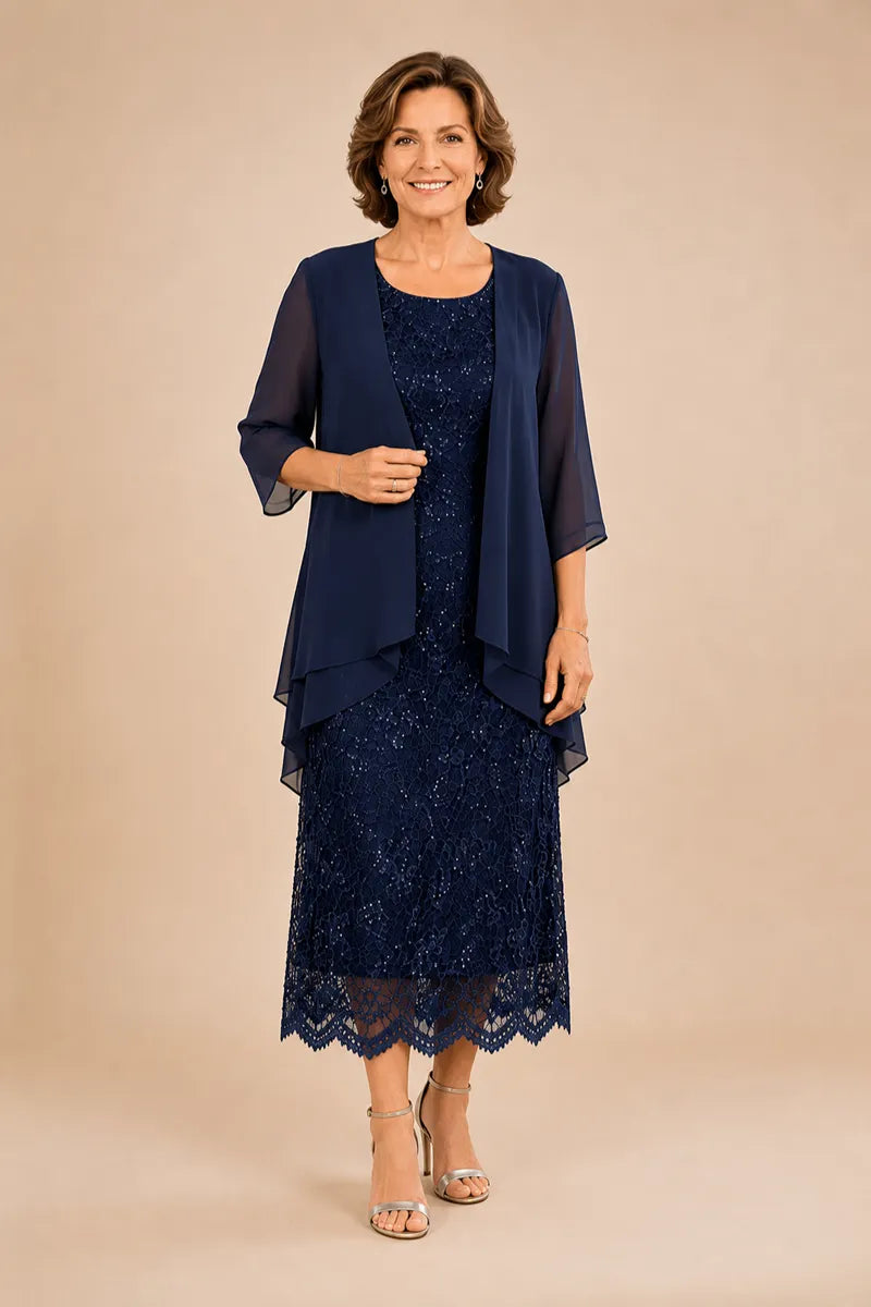 Raffinato Abito Midi Elegante In Pizzo Con Coprispalle Trasparente In Chiffon