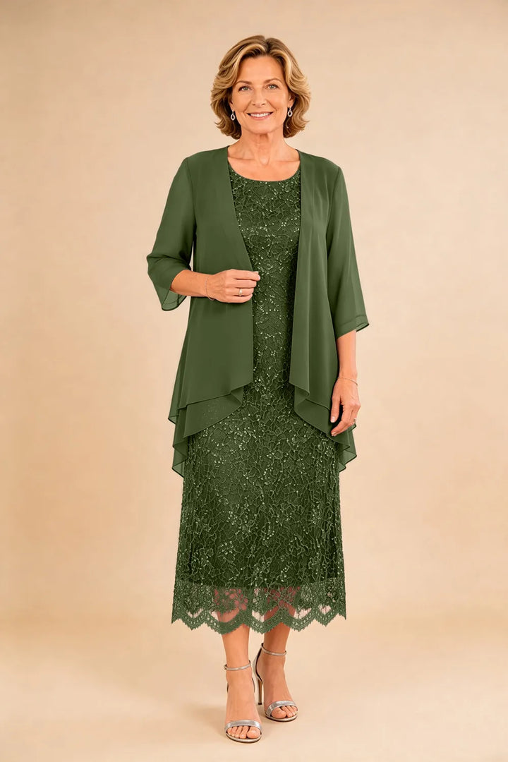 Raffinato Abito Midi Elegante In Pizzo Con Coprispalle Trasparente In Chiffon
