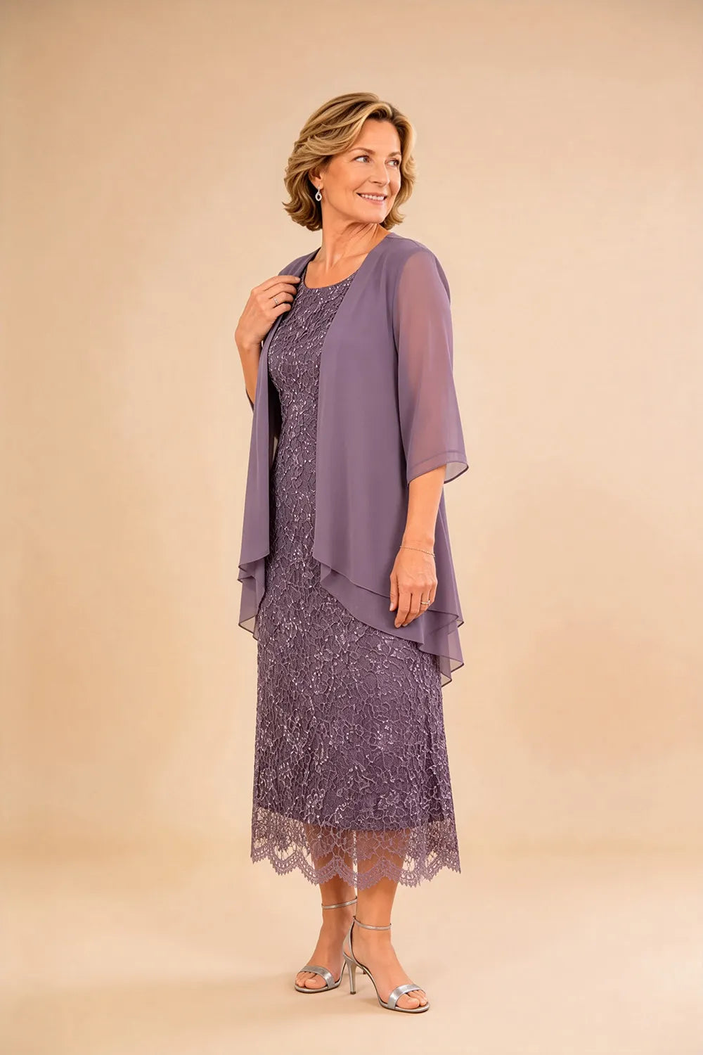 Raffinato Abito Midi Elegante In Pizzo Con Coprispalle Trasparente In Chiffon