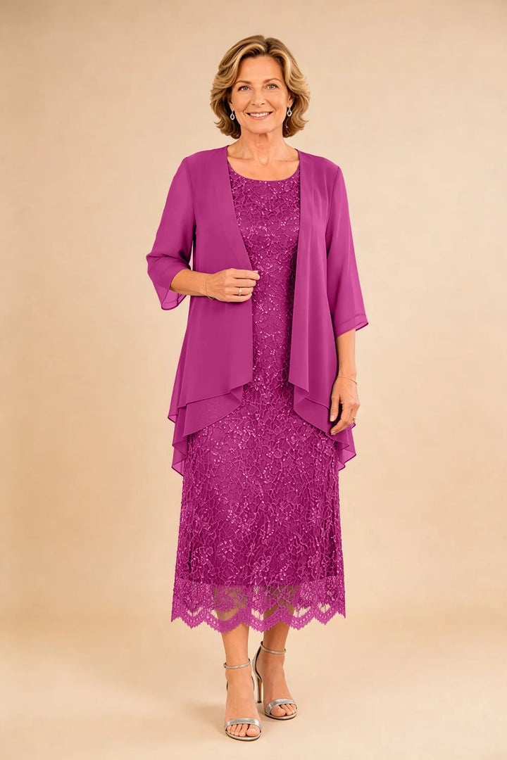 Raffinato Abito Midi Elegante In Pizzo Con Coprispalle Trasparente In Chiffon