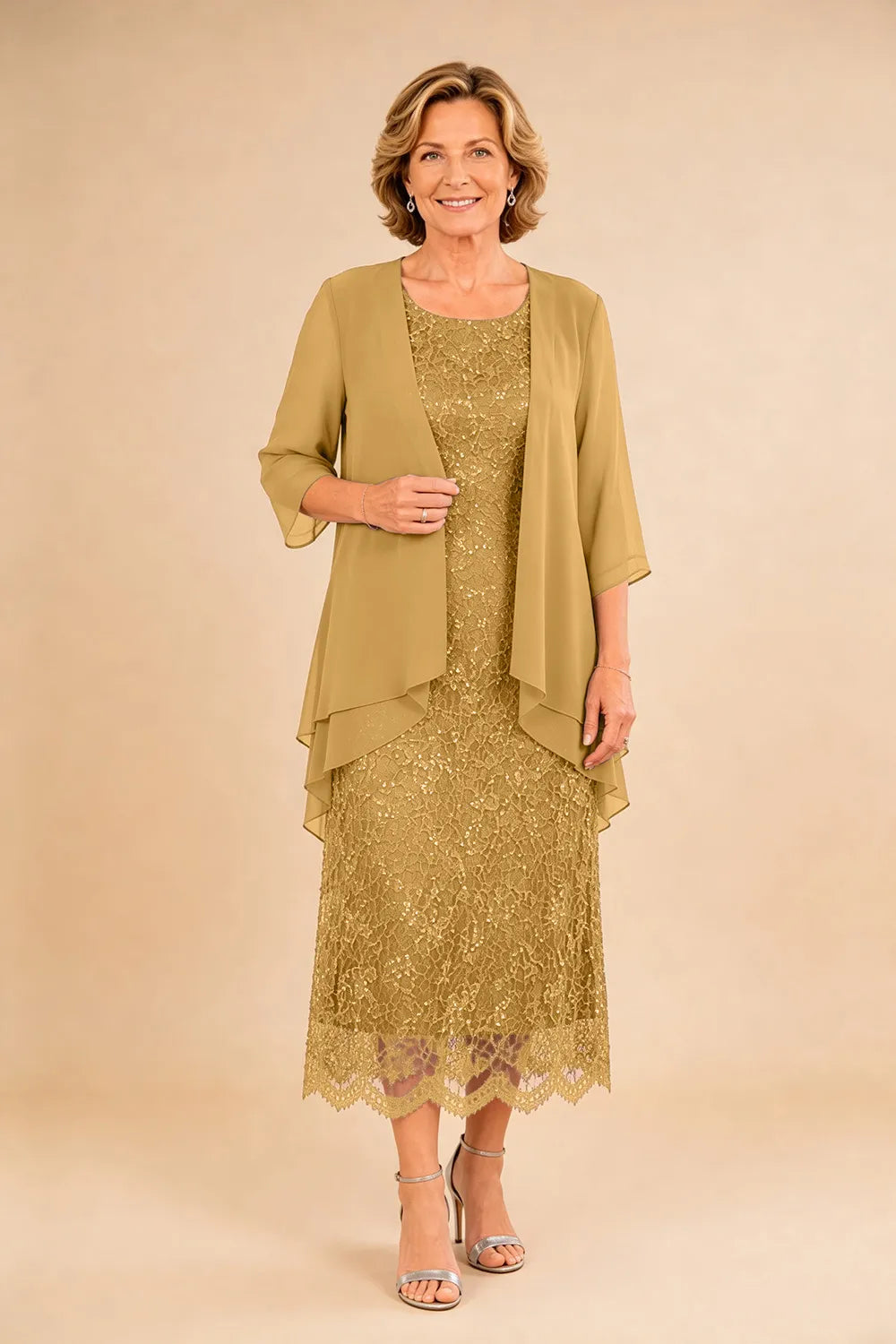 Raffinato Abito Midi Elegante In Pizzo Con Coprispalle Trasparente In Chiffon