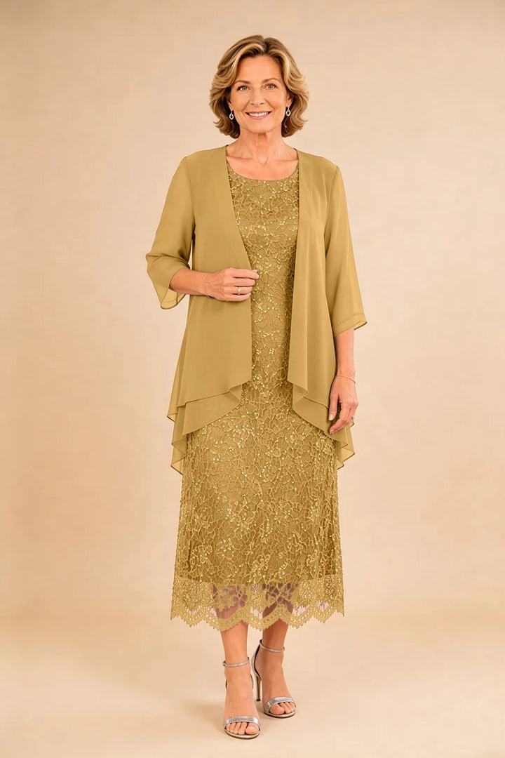 Raffinato Abito Midi Elegante In Pizzo Con Coprispalle Trasparente In Chiffon