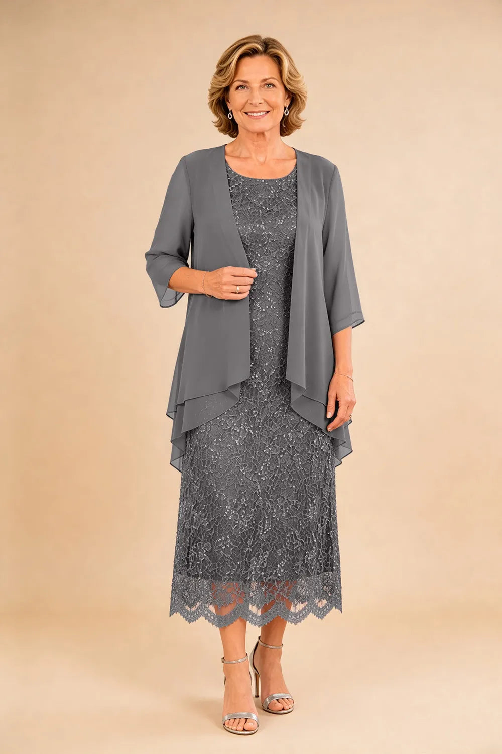 Raffinato Abito Midi Elegante In Pizzo Con Coprispalle Trasparente In Chiffon