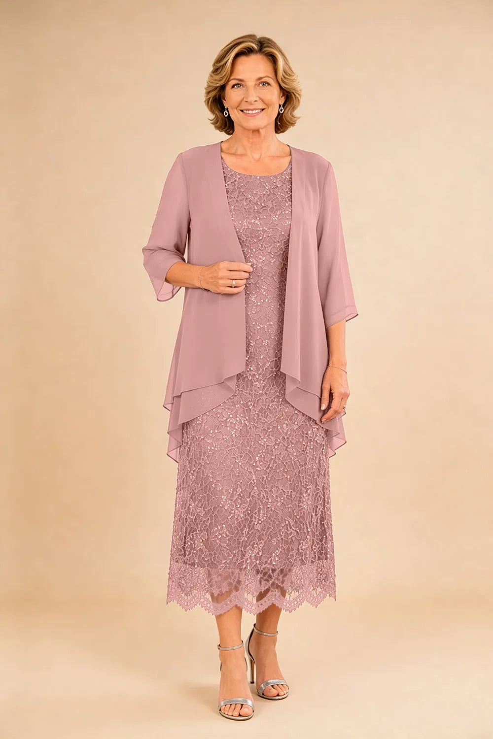 Raffinato Abito Midi Elegante In Pizzo Con Coprispalle Trasparente In Chiffon