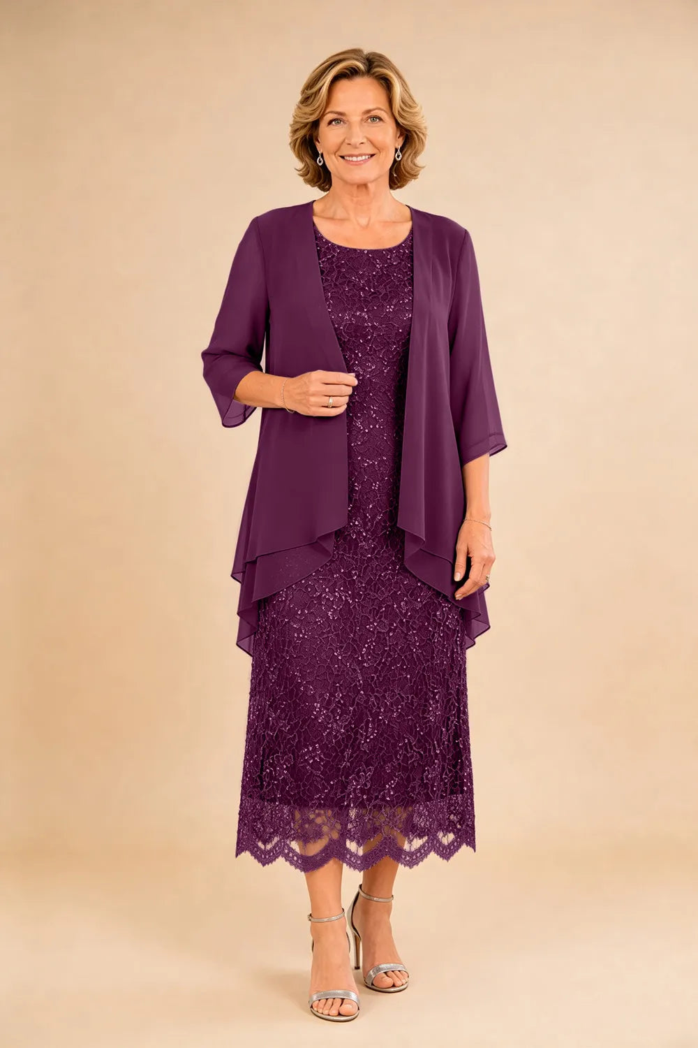 Raffinato Abito Midi Elegante In Pizzo Con Coprispalle Trasparente In Chiffon