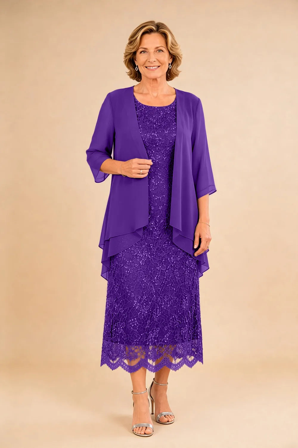 Raffinato Abito Midi Elegante In Pizzo Con Coprispalle Trasparente In Chiffon