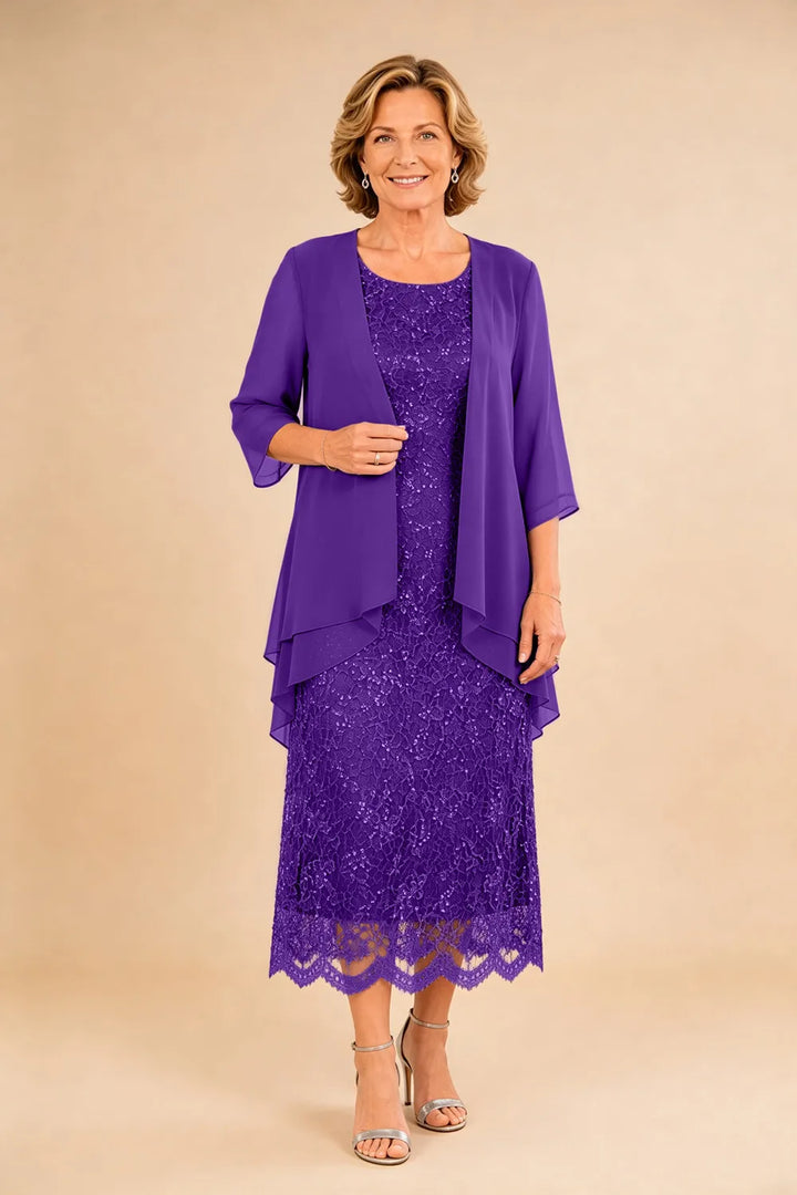 Raffinato Abito Midi Elegante In Pizzo Con Coprispalle Trasparente In Chiffon