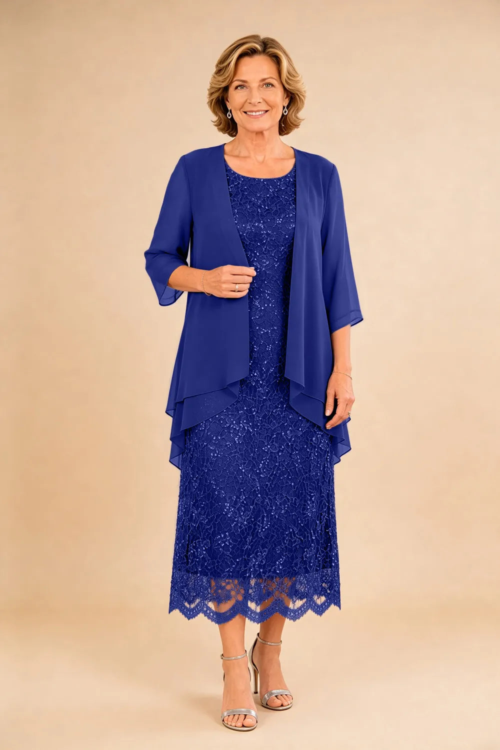 Raffinato Abito Midi Elegante In Pizzo Con Coprispalle Trasparente In Chiffon
