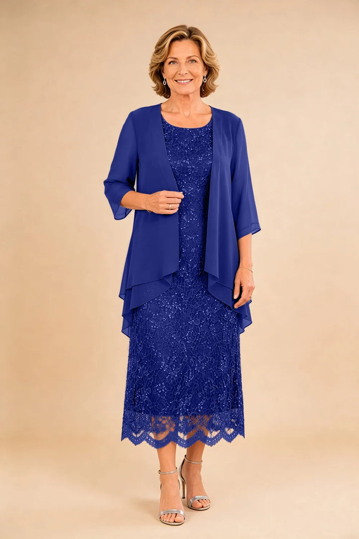 Raffinato Abito Midi Elegante In Pizzo Con Coprispalle Trasparente In Chiffon