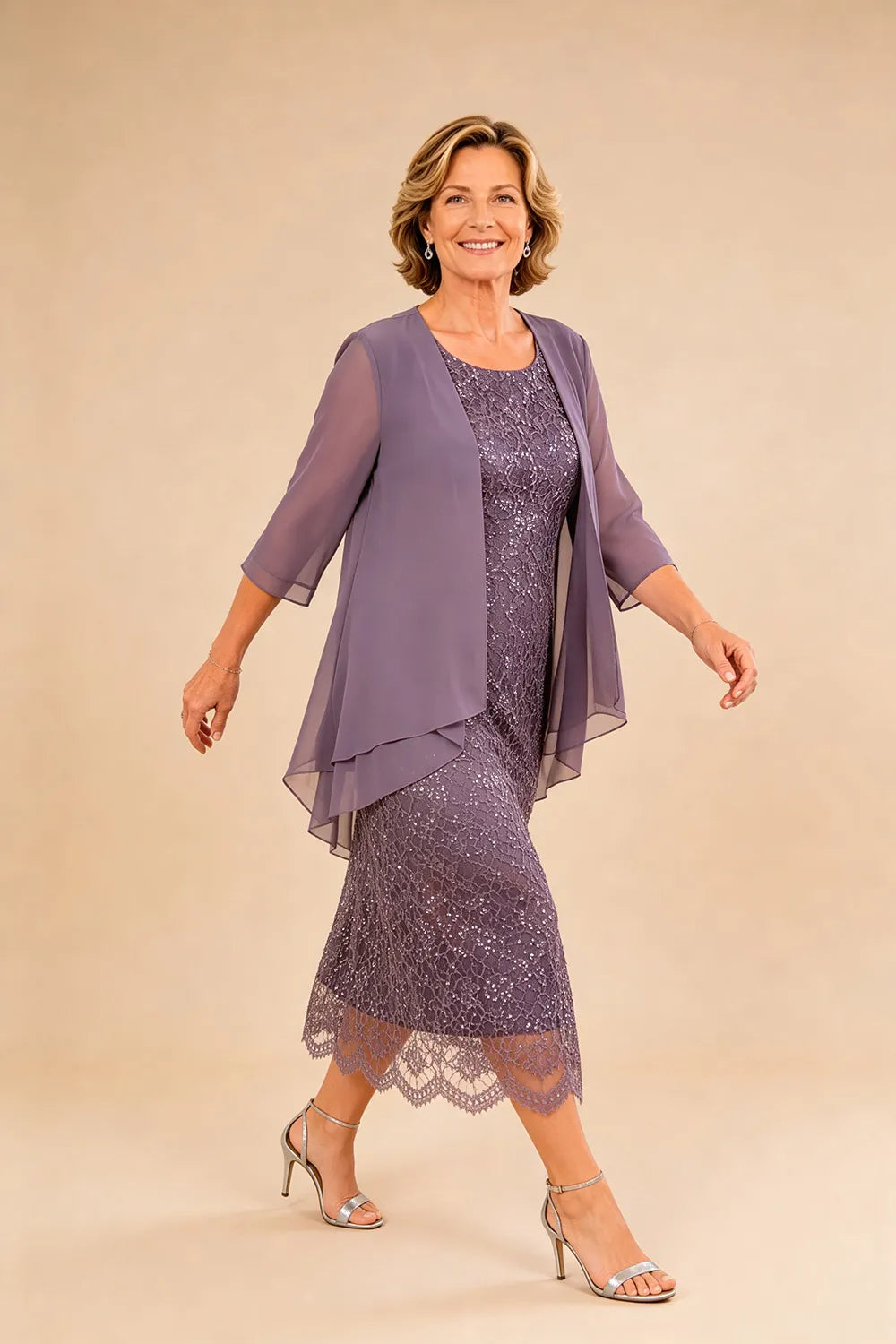 Raffinato Abito Midi Elegante In Pizzo Con Coprispalle Trasparente In Chiffon
