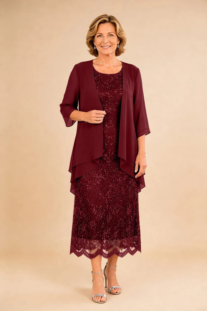 Raffinato Abito Midi Elegante In Pizzo Con Coprispalle Trasparente In Chiffon