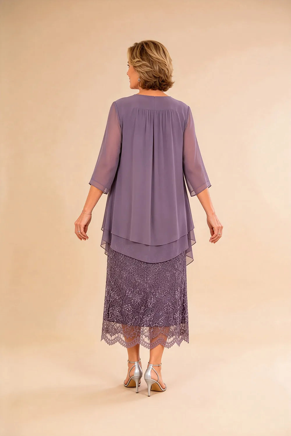 Raffinato Abito Midi Elegante In Pizzo Con Coprispalle Trasparente In Chiffon