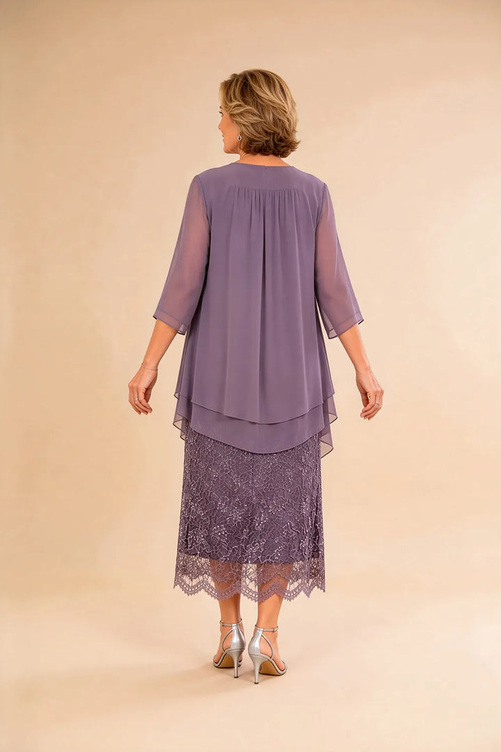 Raffinato Abito Midi Elegante In Pizzo Con Coprispalle Trasparente In Chiffon