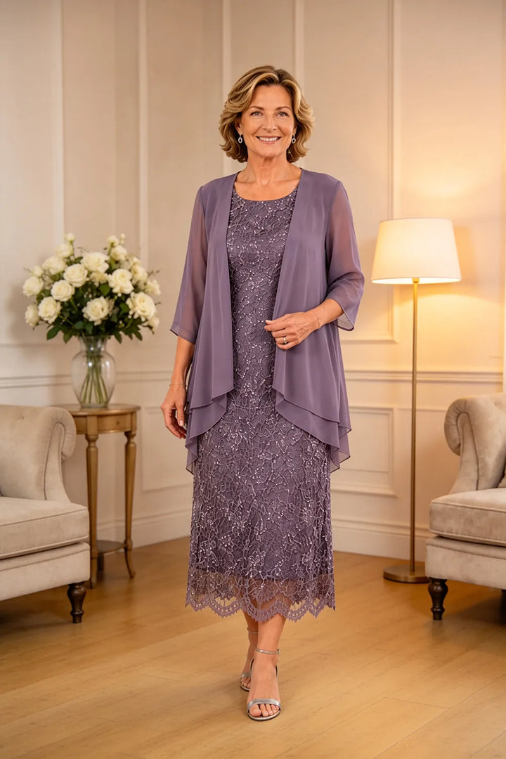 Raffinato Abito Midi Elegante In Pizzo Con Coprispalle Trasparente In Chiffon