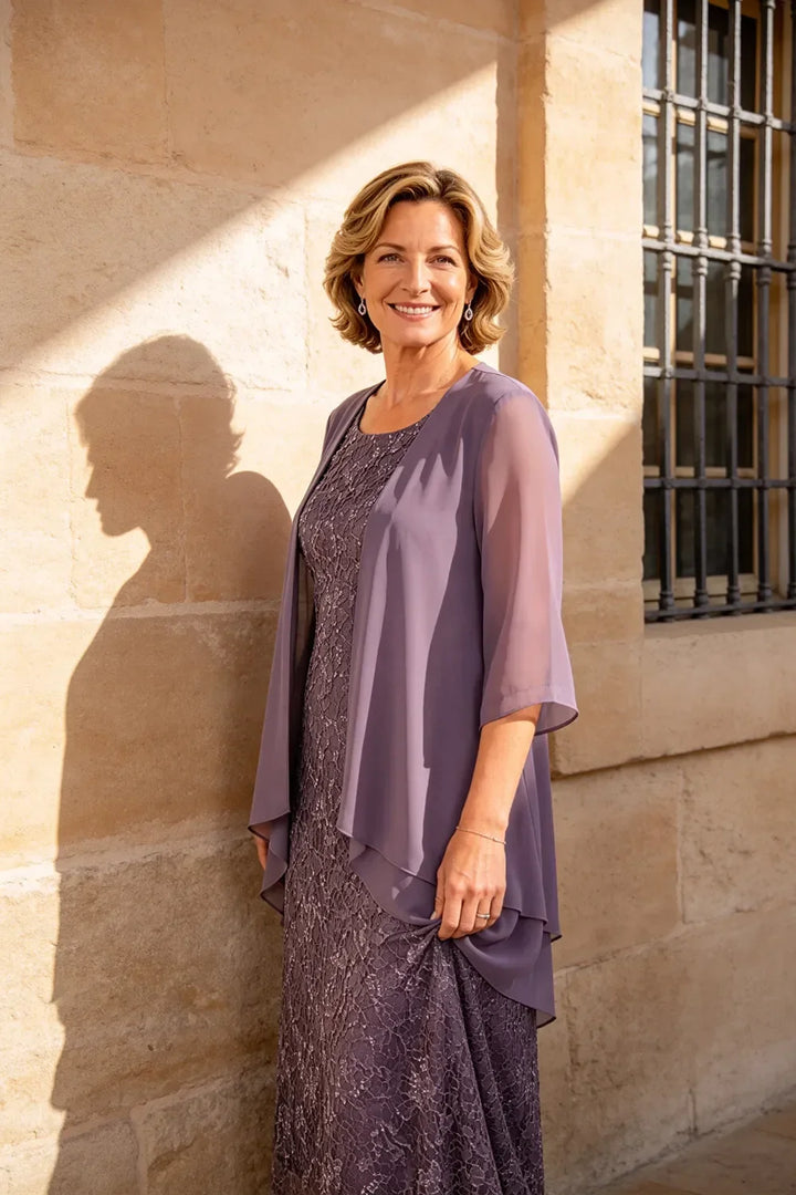 Raffinato Abito Midi Elegante In Pizzo Con Coprispalle Trasparente In Chiffon
