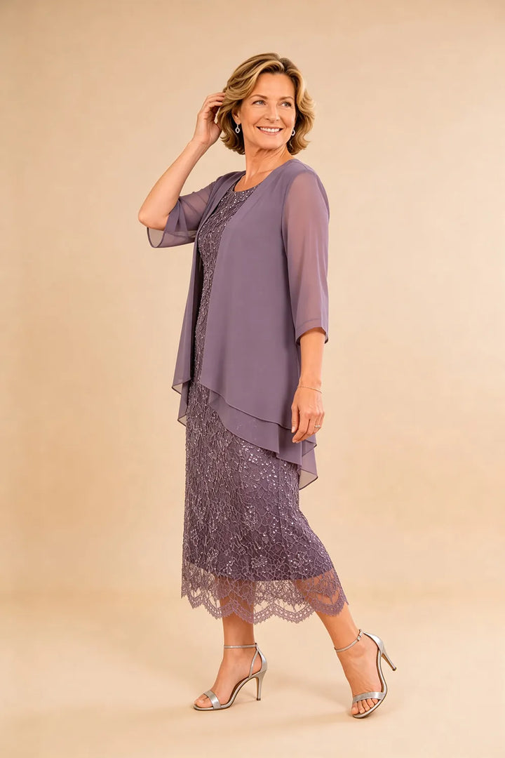 Raffinato Abito Midi Elegante In Pizzo Con Coprispalle Trasparente In Chiffon