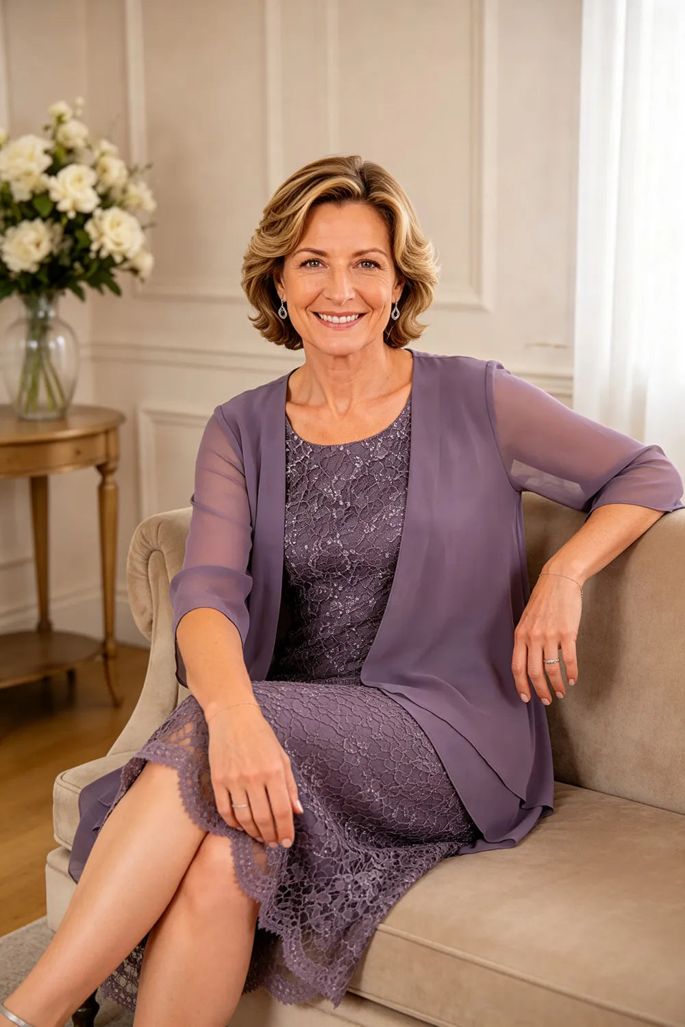 Raffinato Abito Midi Elegante In Pizzo Con Coprispalle Trasparente In Chiffon