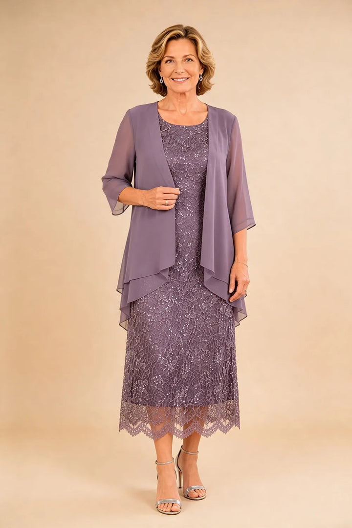 Raffinato Abito Midi Elegante In Pizzo Con Coprispalle Trasparente In Chiffon