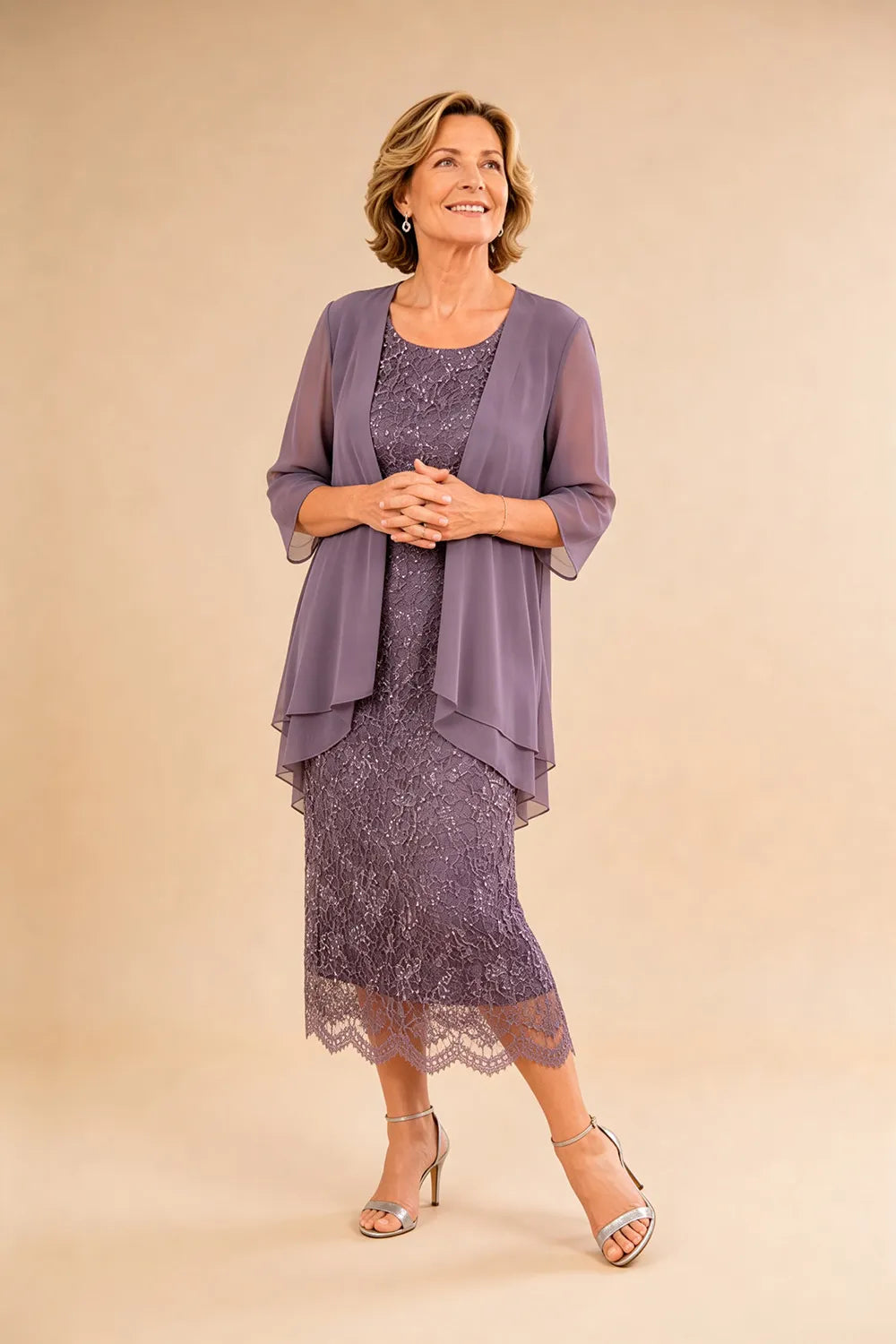 Raffinato Abito Midi Elegante In Pizzo Con Coprispalle Trasparente In Chiffon