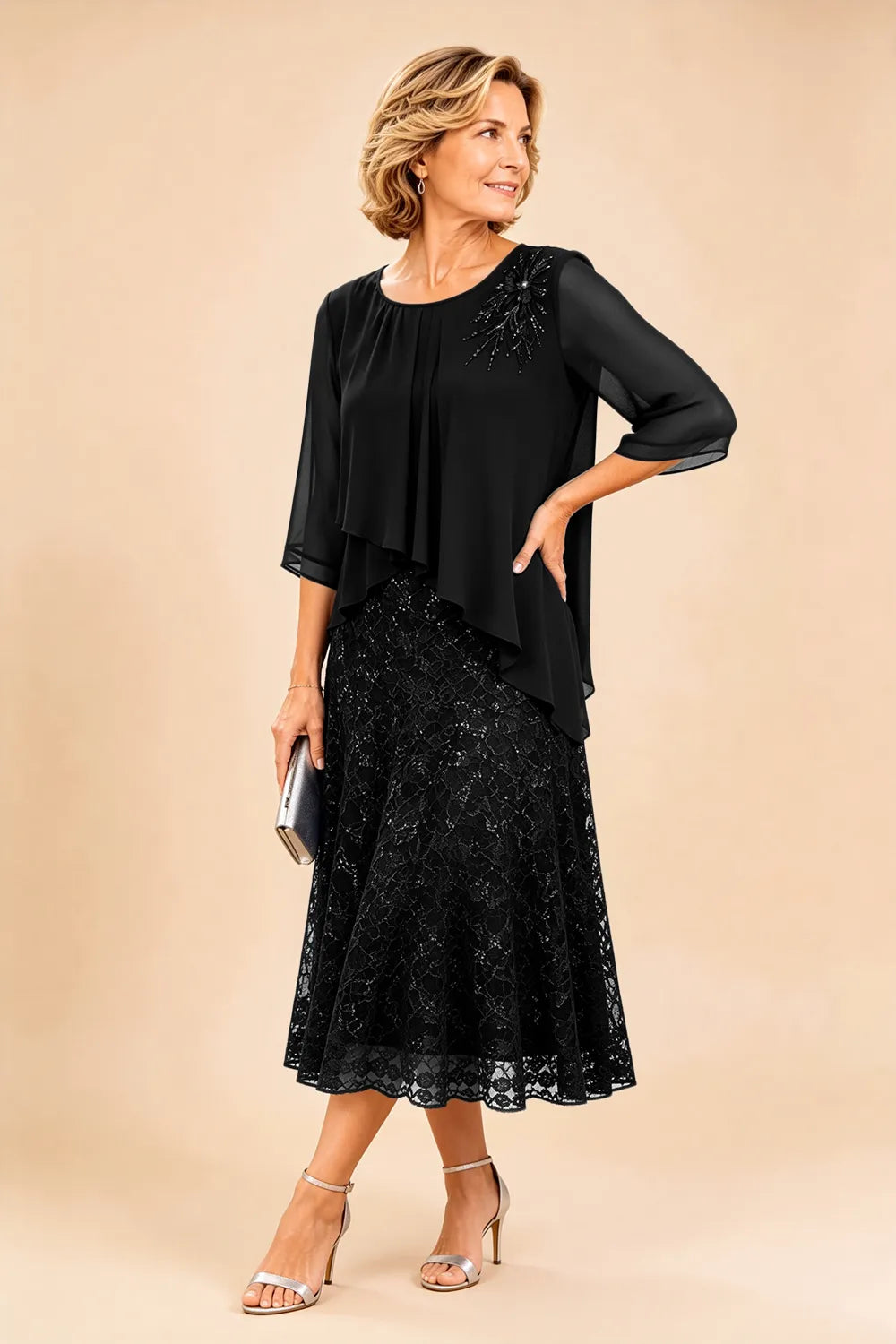 Abito In Chiffon Con Sovrapposizione In Pizzo Per La Madre Della Sposa