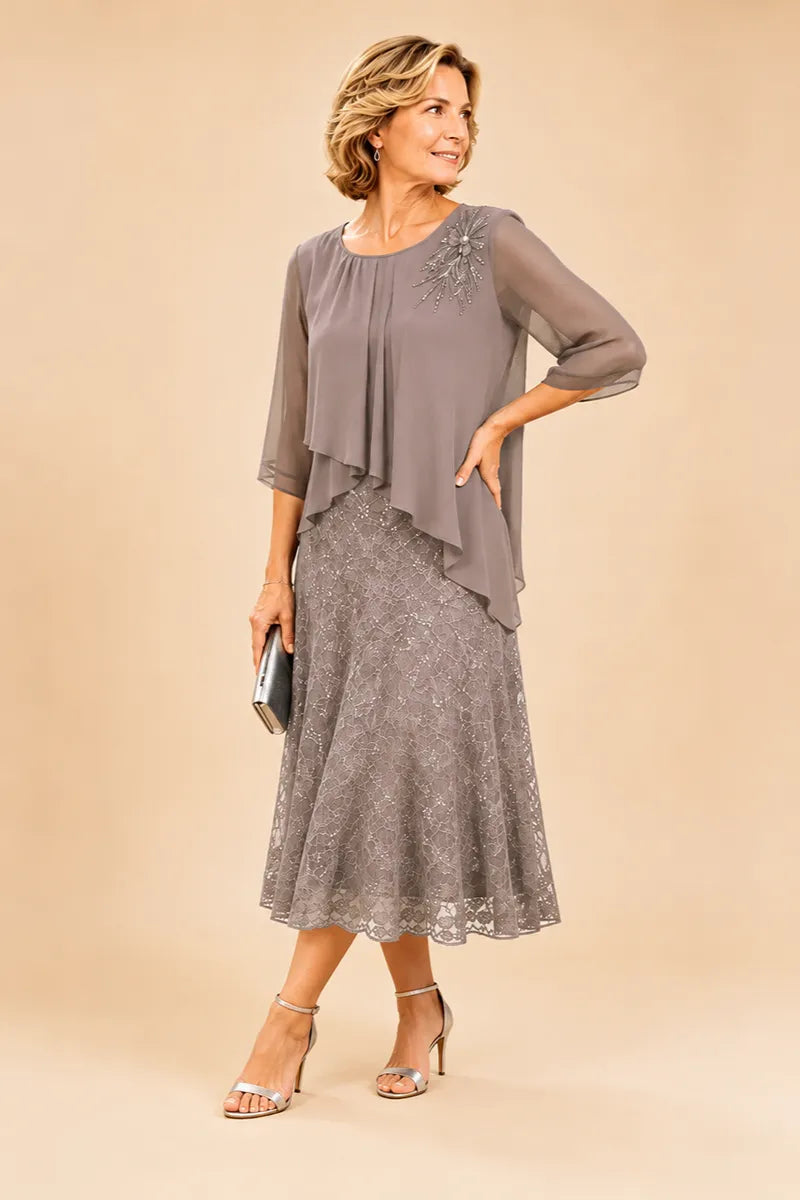 Abito In Chiffon Con Sovrapposizione In Pizzo Per La Madre Della Sposa