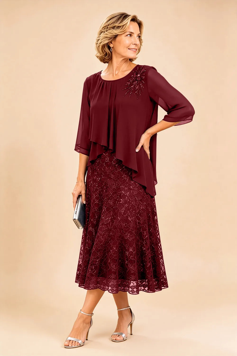Abito In Chiffon Con Sovrapposizione In Pizzo Per La Madre Della Sposa