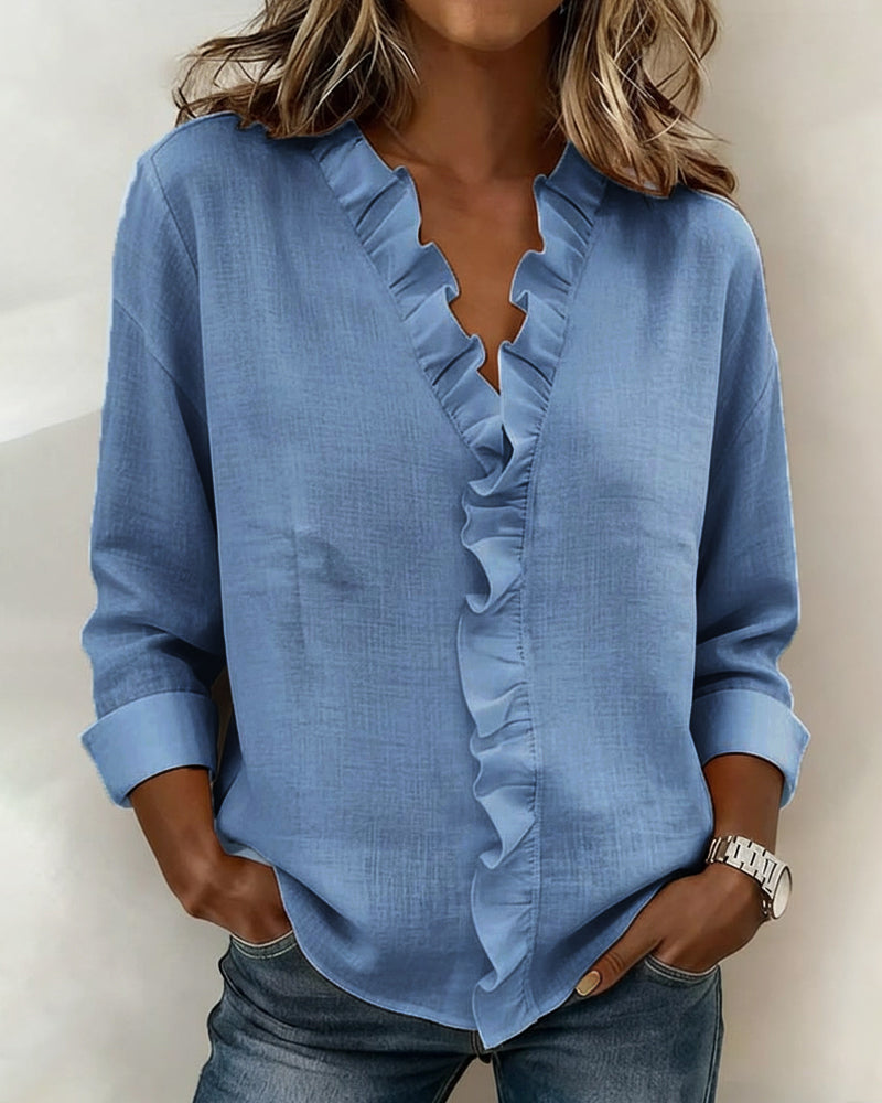 Rosalinda - Camicetta con Scollo a V e Rouches - Blu