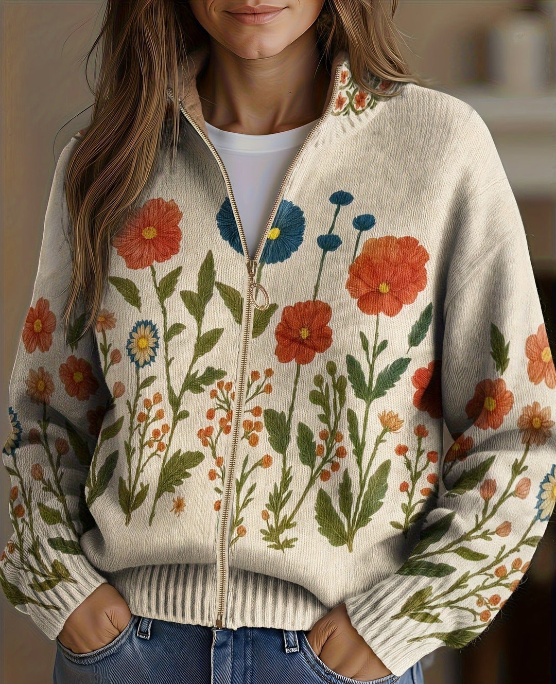 Ilaria - Cardigan con Zip Motivo Prato Fiorito